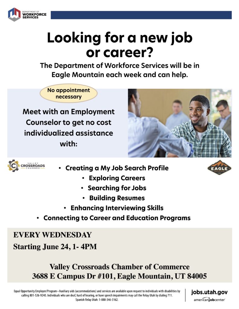 Looking for a new job? The Department of Workforce services will be in Eagle Mountain each week and can help.