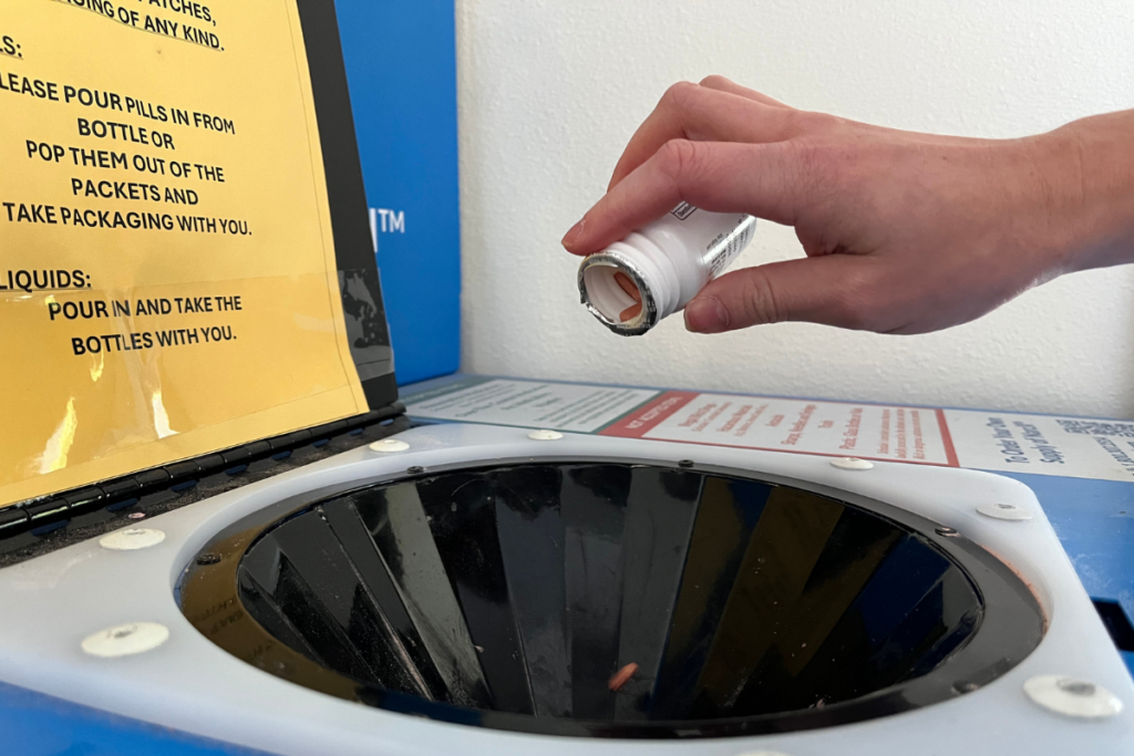 Blue medication disposal kiosk inside Eagle Mountain City Hall