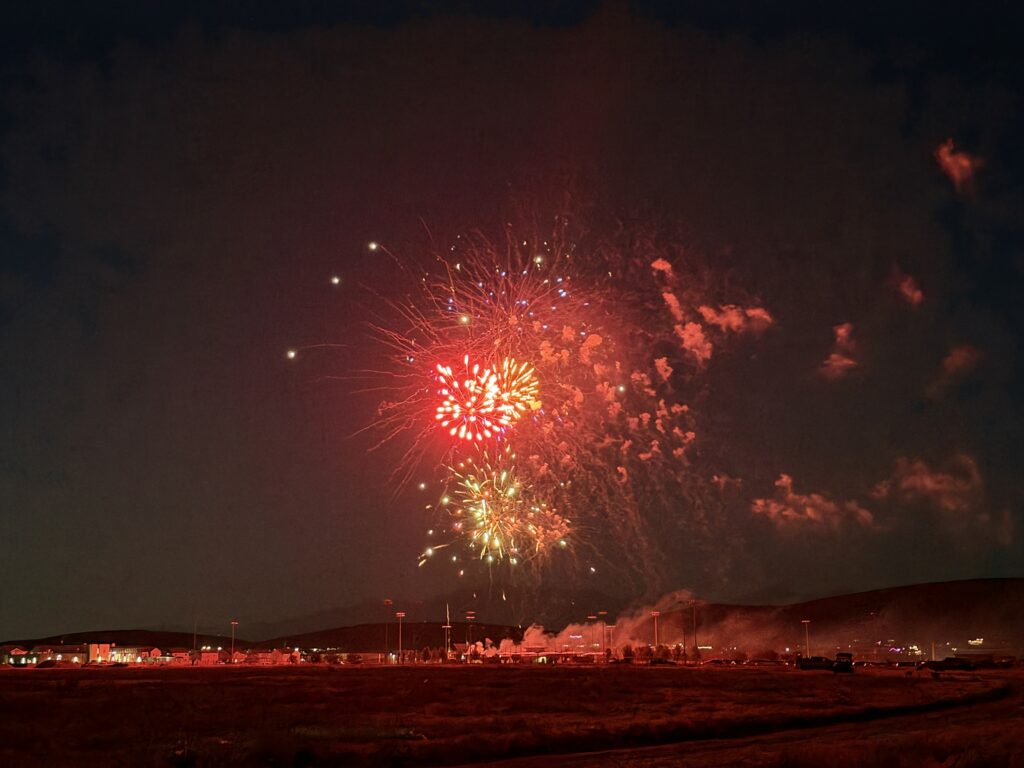 Fireworks in the night sky in Eagle Mountain City