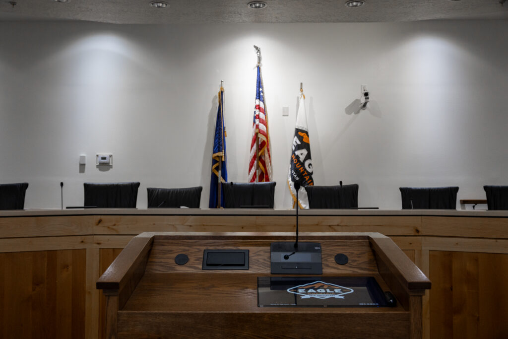 Eagle Mountain City Council Chambers Flags and chairs
